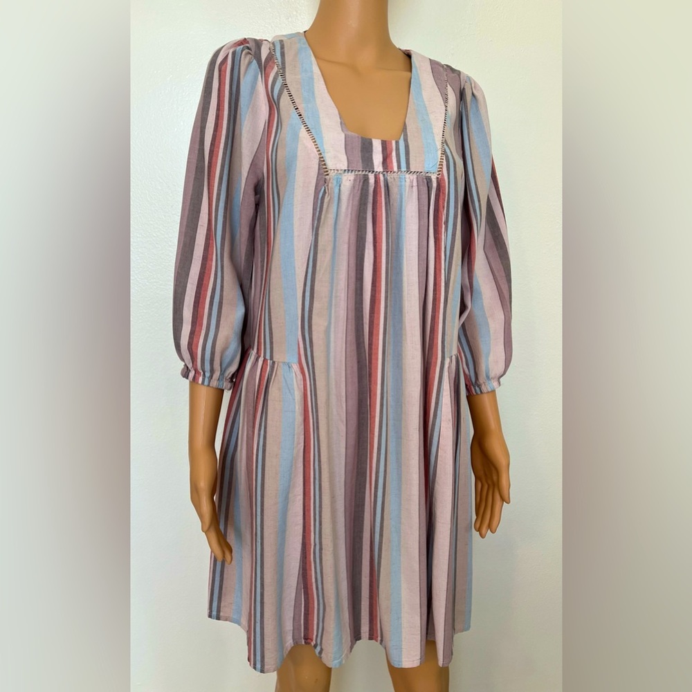 Knox Rose-Striped, Crochet Trim, Linen, Boho, Western, Baby Doll, Dress. Size-M - Picture 2 of 8
